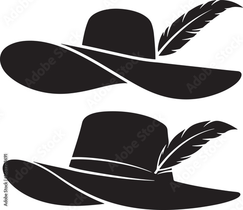 Two black silhouettes of elegant wide brimmed hats adorned with feathers silhouette