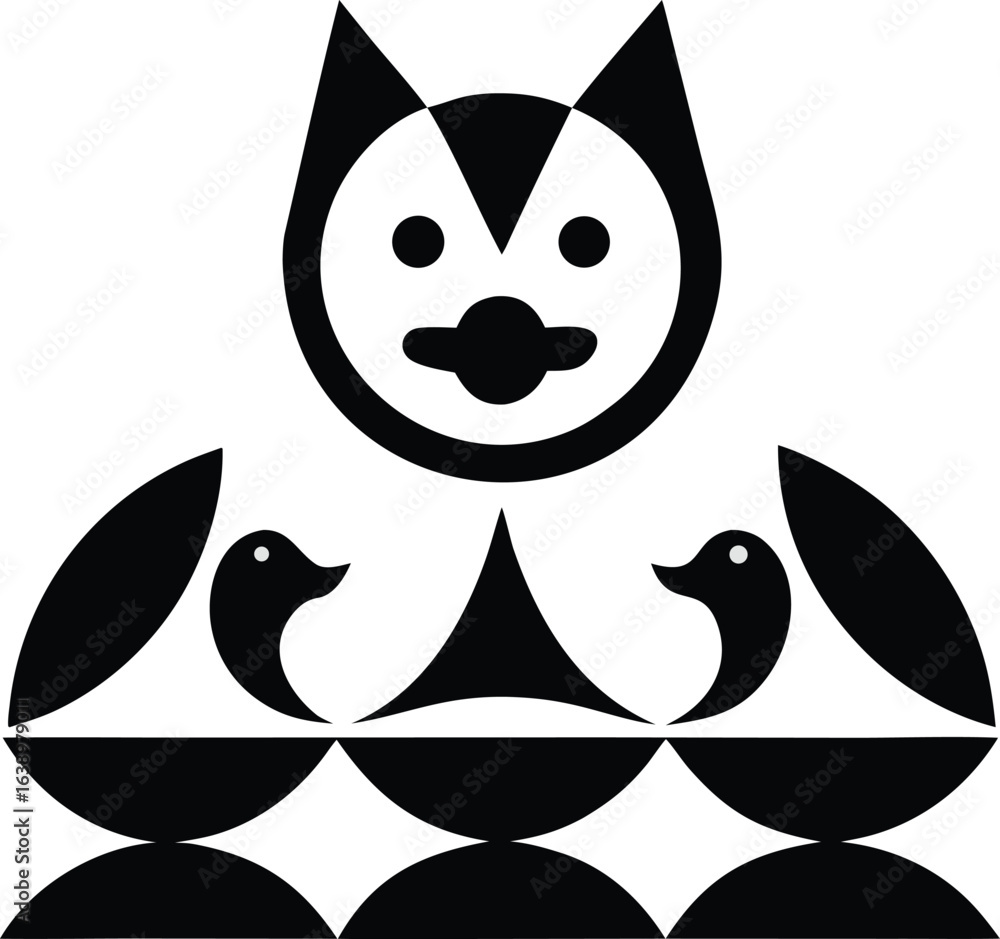 Fototapeta premium Modern and Abstract Vector Illustration with Stylized Cat and Birds in a Minimalist, Black and White Geometric Design.