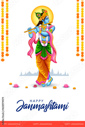 illustration of Lord Krishna in the religious festival background of India for Shri Krishna Janmashtami celebration