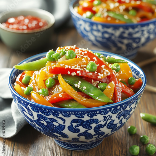 Sesame-sprinkled bell pepper and pea stir-fry in a blue bowl