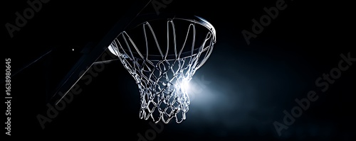 Close-up of a basketball hoop and net against a black background. A dramatic close-up of a basketball hoop and net, set against a pure black background.