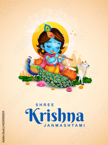 illustration of Lord Bal Krishna in the religious festival background of India for Shri Krishna Janmashtami celebration