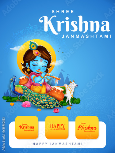 illustration of Lord Bal Krishna in the religious festival background of India for Shri Krishna Janmashtami celebration