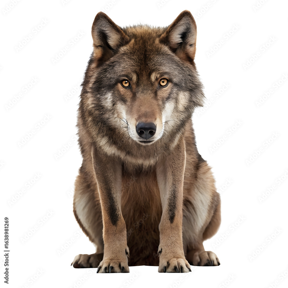 Fototapeta premium Gray wolf isolated on transparent background facing forward 