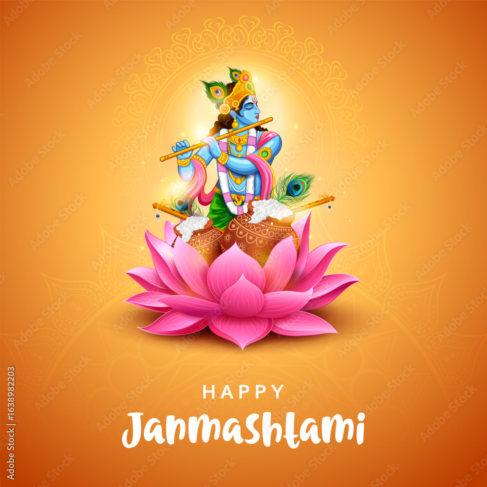 Fototapeta premium illustration of Lord Krishna in the religious festival background of India for Shri Krishna Janmashtami celebration