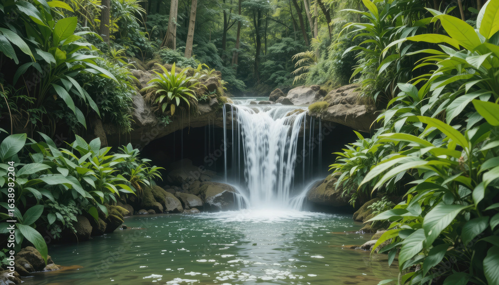 Discover serene natural beauty with a lush forest waterfall cascading into a tranquil, clear pool. Discover serene natural beauty with a lush forest waterfall cascading into a tranquil, clear pool.