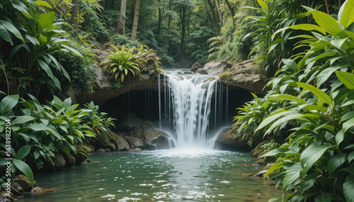 Discover serene natural beauty with a lush forest waterfall cascading into a tranquil, clear pool.