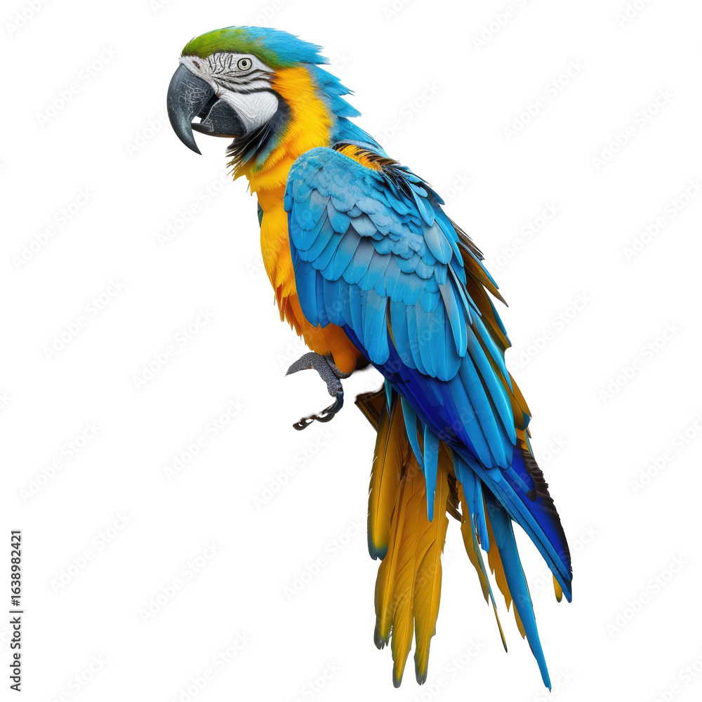 Fototapeta premium Blue-gold macaw perched, jungle backdrop, wildlife poster