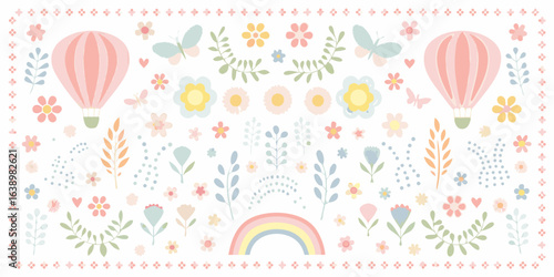 Whimsical pastel hot air balloons flowers butterflies and rainbow pattern