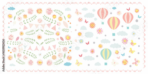 Cute pastel hot air balloons flowers and butterflies illustration