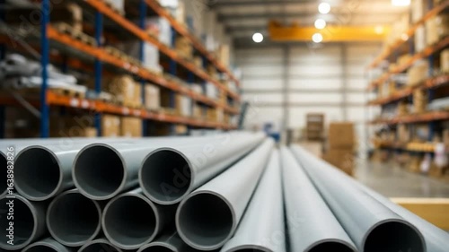 Pipes stacked in warehouse factory storage industry metal or plastic cylinder for construction and plumbing