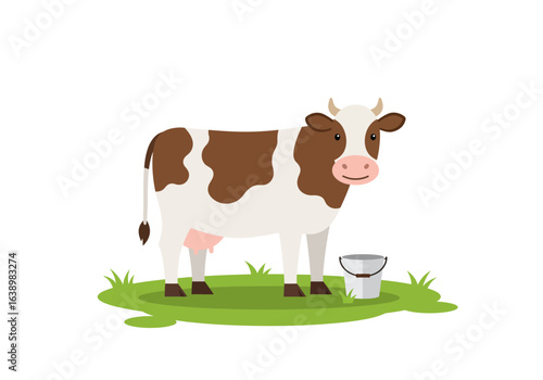 A brown and white cartoon cow stands on grass next to a grey bucket