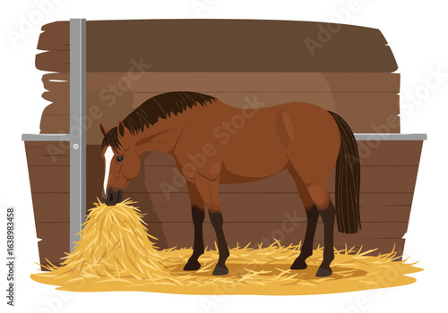 Brown horse in a wooden stable eating hay