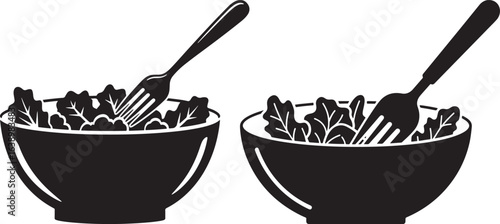 Two bowls of salad with forks in a simple black and white silhouette