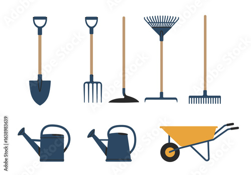 Garden tools set shovel pitchfork hoe rakes watering cans and wheelbarrow against a white background
