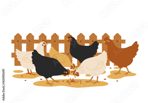Six chickens peck at the ground in front of a wooden fence