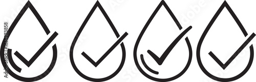 Four stylized water drops with checkmarks inside signifying approval or success silhouette