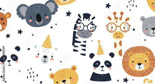 Cute animal faces pattern, koala, zebra, giraffe, lion, panda, bear, seamless background, cartoon illustration, children design, nursery wall art