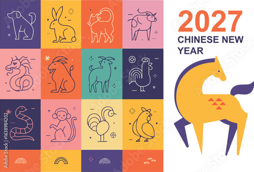 Chinese horoscope zodiac signs collection, geometric linear minimalist style. Animals symbols for Chinese New year