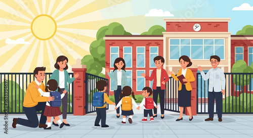 Parents and children arriving at school, waving goodbye to teachers, sunny day.