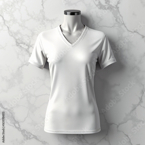 White V-neck t-shirt displayed on mannequin against marble background  