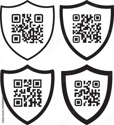 Four shield shapes with qr codes inside silhouette