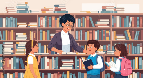 A librarian assists children in a library filled with numerous books on shelves.