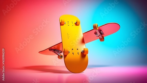Neon gradient skateboard on dynamic studio angle