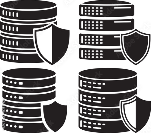 Four stacked server racks with shields protecting data security silhouette