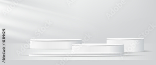 3D studio display showroom cosmetic product pedestal, Fashion stage showcase mockup scene. 3D white round product podium set background with window lighting. Abstract composition in minimalist design.