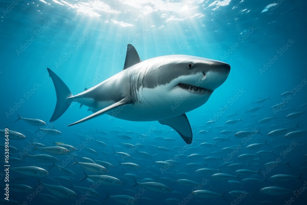 Naklejka premium Great white shark swimming through a school of fish in clear blue ocean with sun rays streaming through water surface in a creative underwater scene. Ai generative