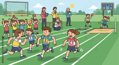 Children participate in a track race, cheered on by teachers and classmates on a sunny day.