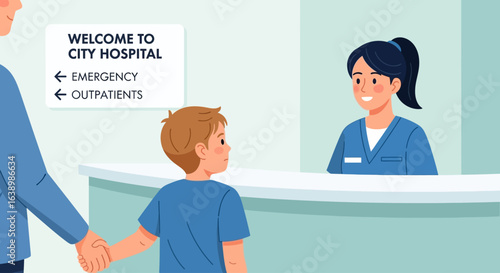 A father and son approach a hospital reception desk for assistance.