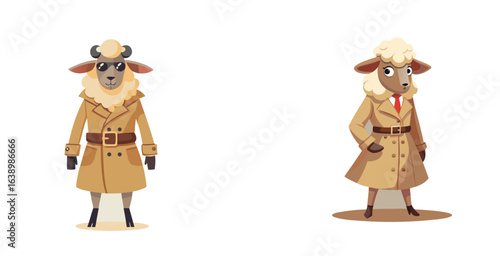 Chic Sheep in Classic Trench Coat Stylish Farm Animal Vector Illustration Design