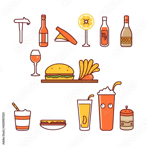 Collection of fast food and drink icons in a playful cartoon style