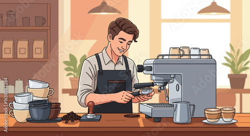 A barista prepares coffee using an espresso machine, smiling in a cafe setting.