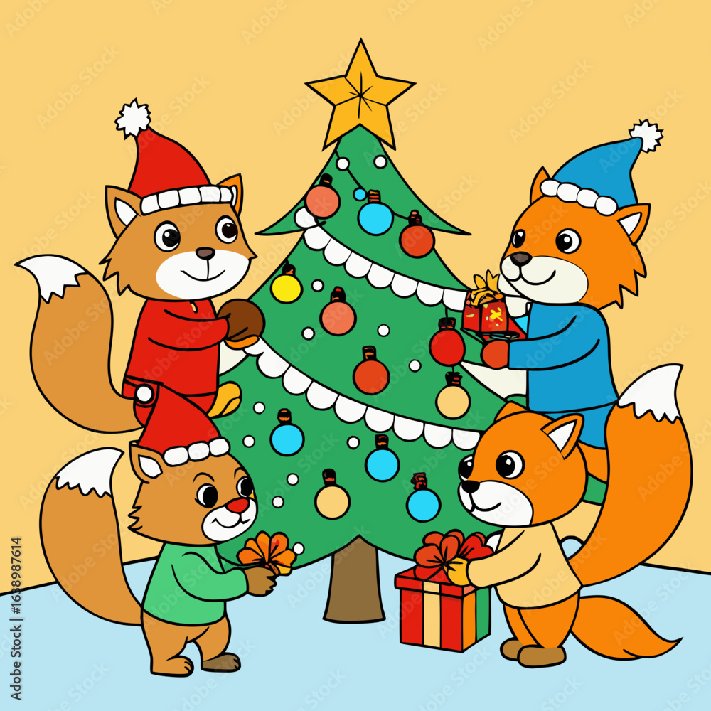 Fototapeta premium Foxes wearing santa hats decorating a christmas tree with gifts isolated on white background