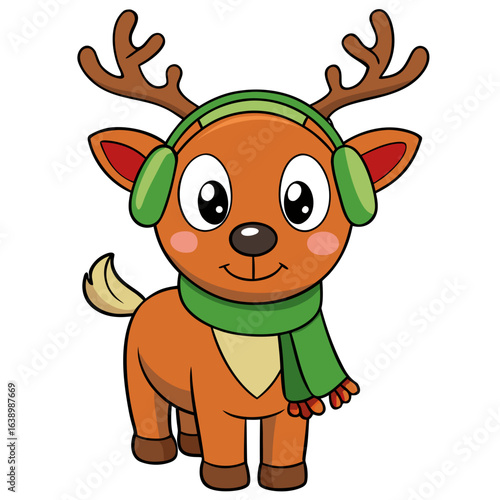 Adorable reindeer with green scarf and earmuffs isolated on white background