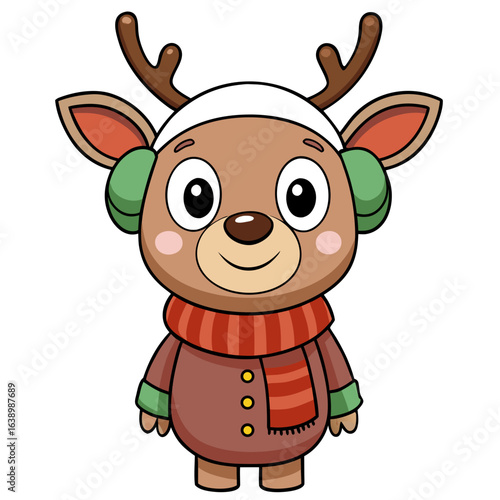 Cute reindeer wearing a scarf and earmuffs isolated on white background