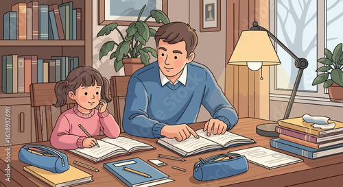 A father assists his daughter with her homework in a cozy, well-lit study room.