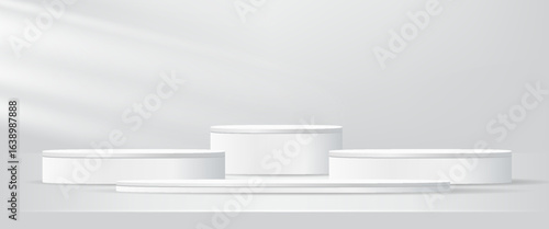 3D studio display showroom cosmetic product pedestal, Fashion stage showcase mockup scene. 3D white round product podium set background with window lighting. Abstract composition in minimalist design.