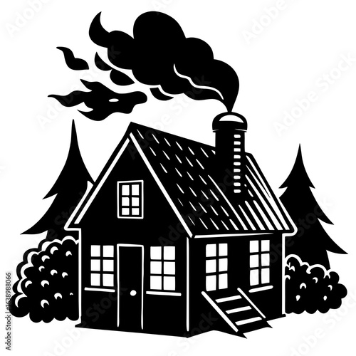 Cozy cabin in the woods with smoke coming from the chimney isolated on white background