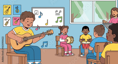 A boy plays guitar for his class, while other children play drums and tambourine, with the teacher supervising.