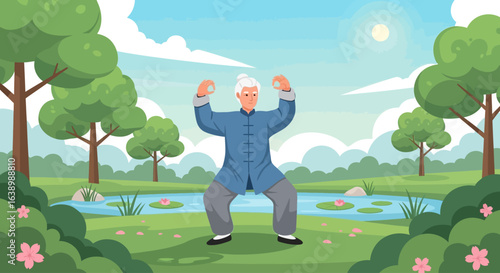 Elderly woman practicing Tai Chi in a serene park setting with trees, pond, and clear sky.