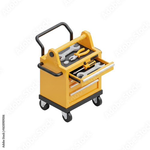 Isometric View of a Yellow Tool Cart with Open Drawer