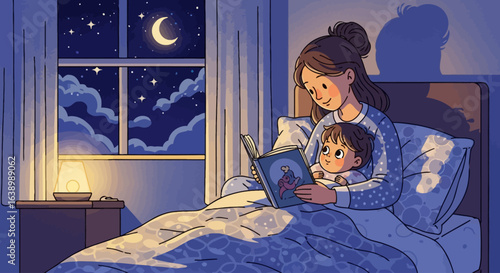 A mother reads a bedtime story to her child under the moonlight in a cozy bedroom.