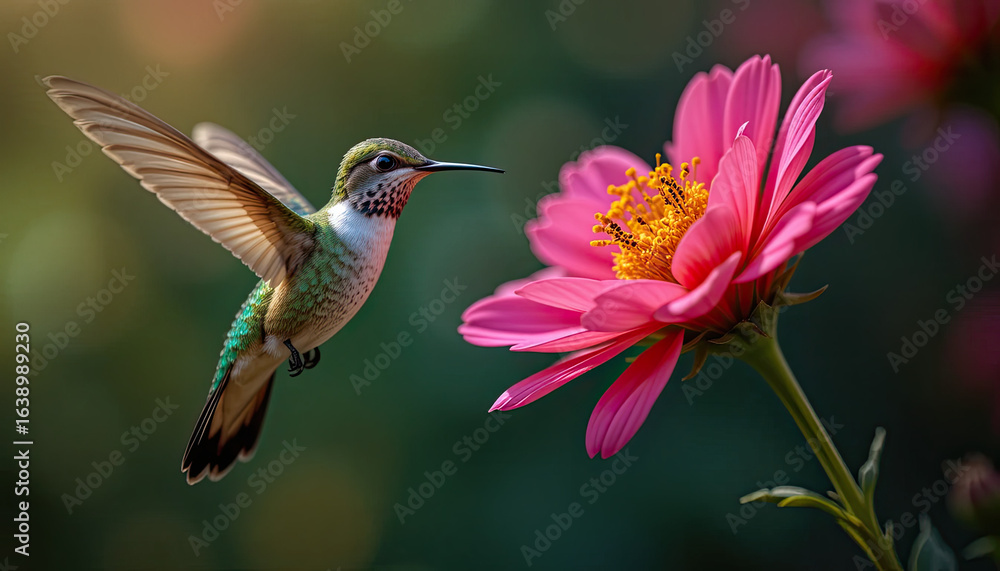 Naklejka premium Captivating hummingbird hovers near vibrant pink cosmos flower in soft natural light