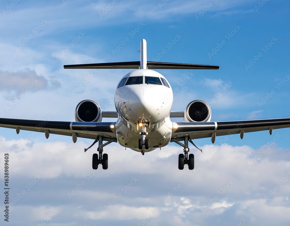 Fototapeta premium White regional jet aircraft on approach, landing gear down, against a partly cloudy sky