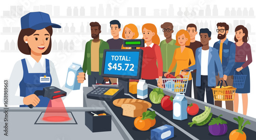 A cashier scanning groceries at a checkout counter while customers wait patiently in line.