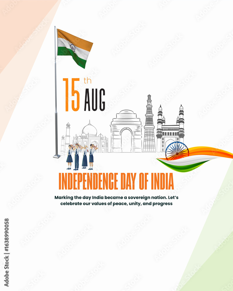 Fototapeta premium 15th August, Happy Independence Day, 29th independence day, India Tiranga, Tiranga on Lal Qila, Tiranga on Taj mahal with white background